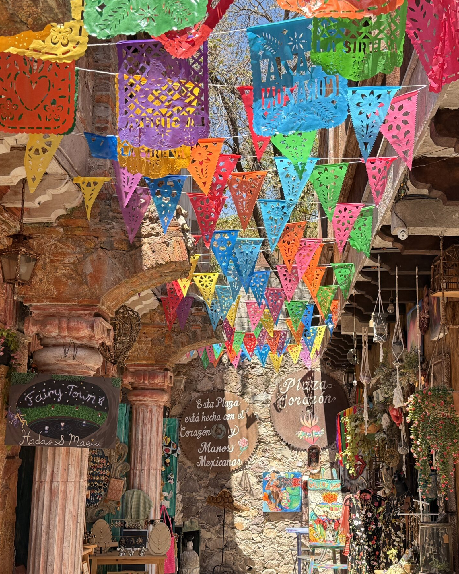 Stalls of flowers and crafts at the Mercado de Artesanías